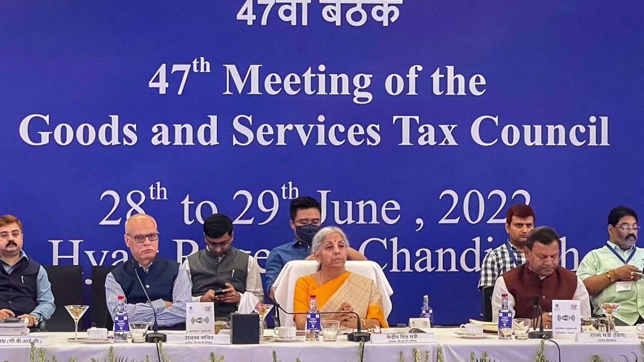 Union Finance Minister Nirmala Sitharaman chairs the 47th meeting of the GST Council, in Chandigarh. Credit: PTI Photo