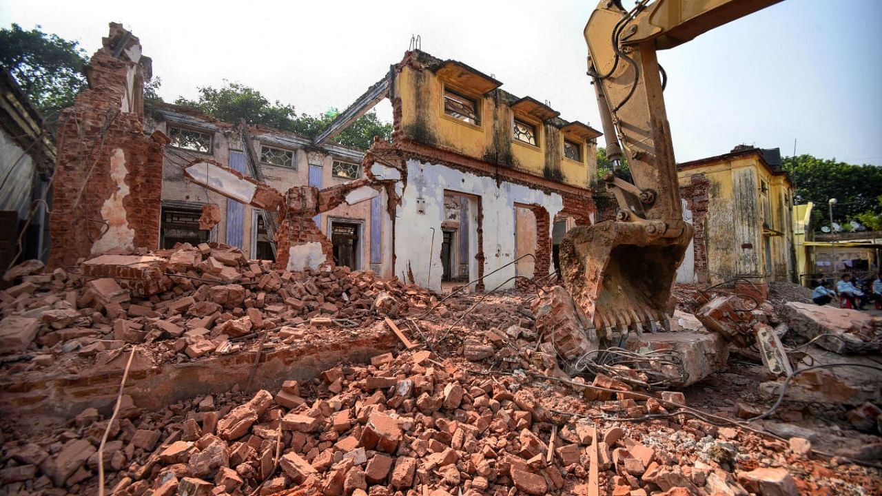 Pile of rubble after the demolition of the front portion of 1938 built District Board Patna building in the centuries-old Patna Collectorate campus. Credit: PTI photo