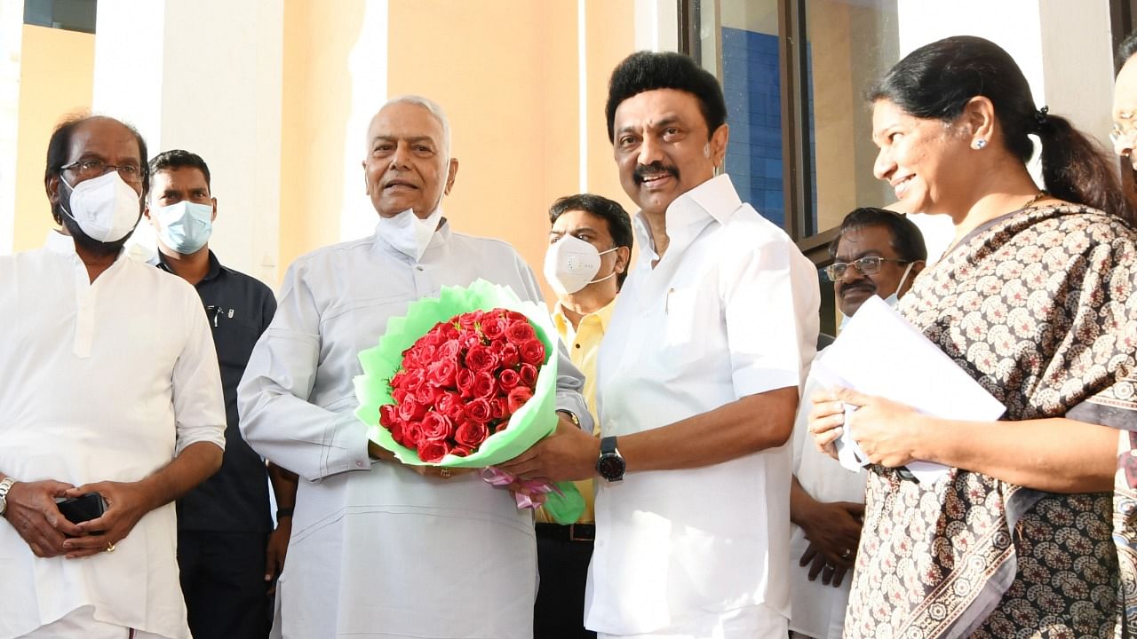 Yashwant Sinha with Tamil Nadu Chief Minister M K Stalin. Credit: Special Arrangement