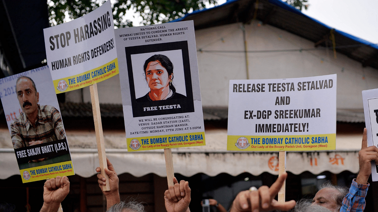 Protests against Teesta Setalvad's arrest in Gujarat 2002 riots case. Credit: AFP Photo