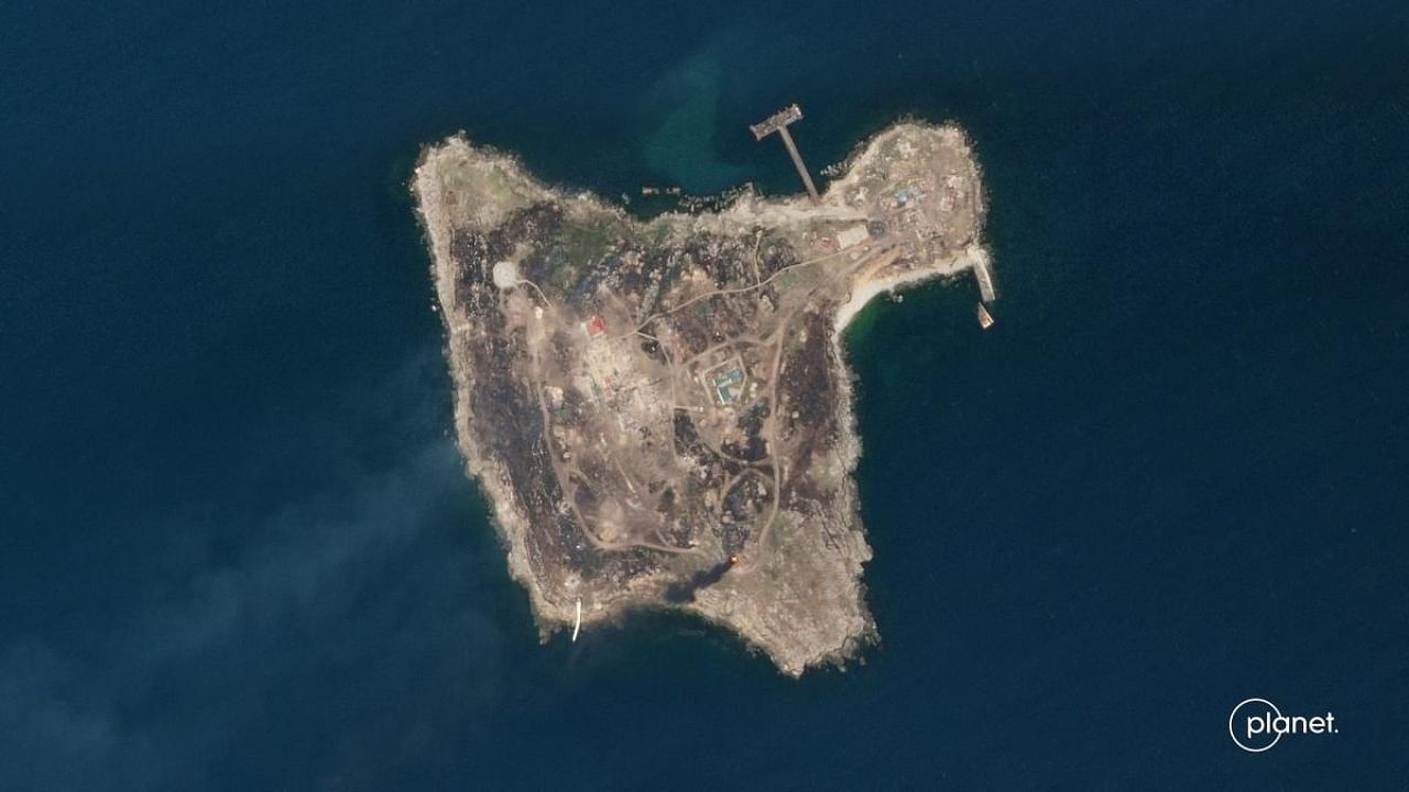 This handout satellite photo taken and released by Planet Labs PBC on June 30, 2022, shows Snake Island. Credit: AFP PHOTO / PLANET LABS PBC