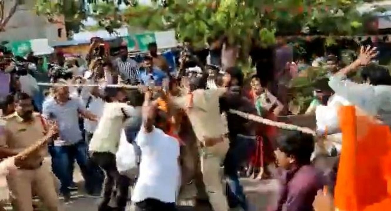 BJP, Congress workers clash in Telangana. Credit: IANS Photo