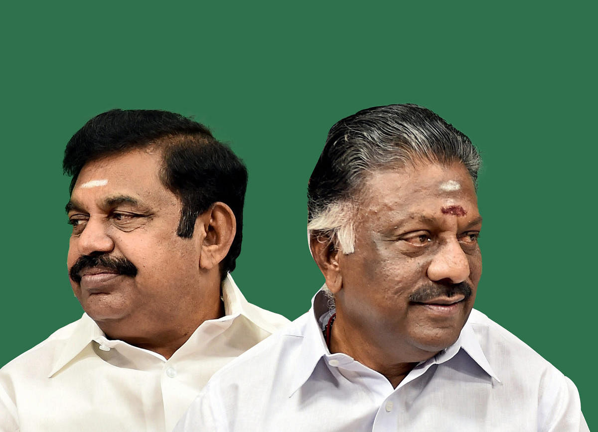 TN chief minister Edappadi K Palaniswami second from the right and his deputy O Panneerselvam at the party legislators meeting held in Chennai on Tuesday. Credit: DH Photo