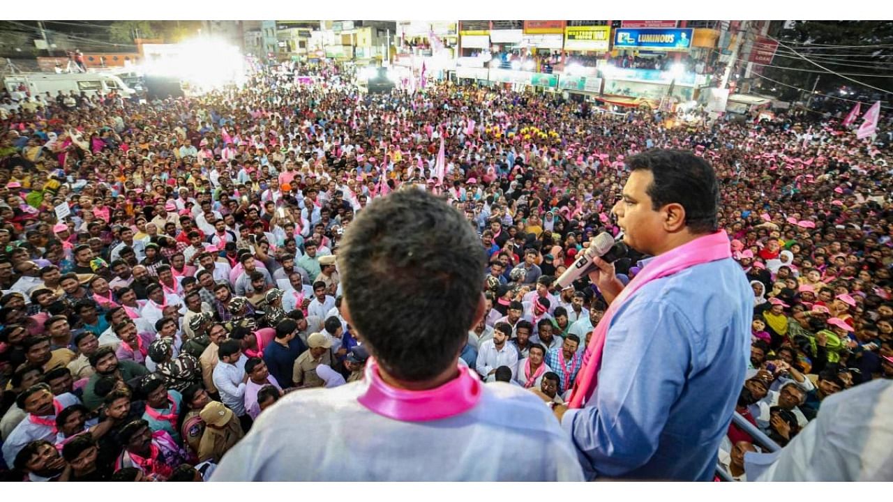 TRS leader KT Rama Rao addresses a rally during his road show, in Hyderabad. Credit: PTI file photo