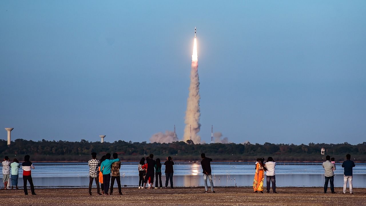 ISRO's PSLV-C53 carrying DS-EO satellite along with two other co-passenger satellites successfully launched from the Sathish Dhawan Space Centre. Credit: PTI Photo