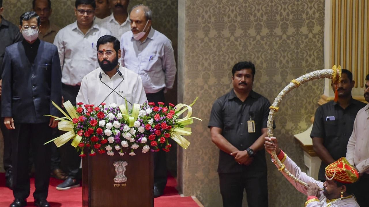 Shiv Sena party leader Eknath Shinde speaks as he takes oath as Chief Minister of Maharashtra state, in Mumbai on June 30, 2022. Credit: AFP Photo