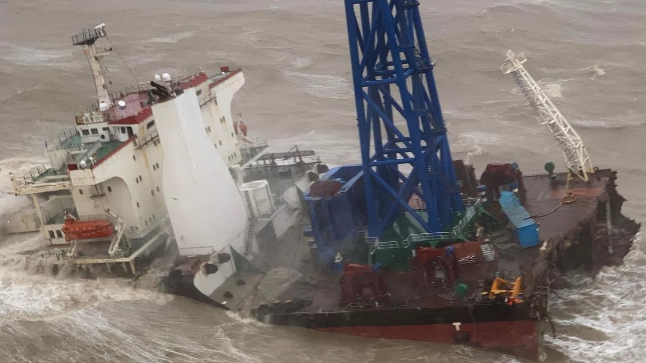 handout photo taken and released by the Hong Kong Government Flying Service on July 2, 2022 shows a ship after it broke into two amid Typhoon Chaba. Credit: AFP Photo/Government Flying Service