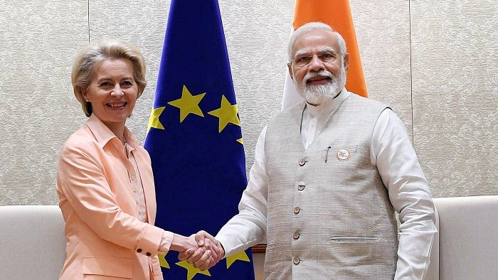 India's Prime Minister Narendra Modi shakes hands with European Commission President Ursula von der Leyen. Credit: Reuters File Photo