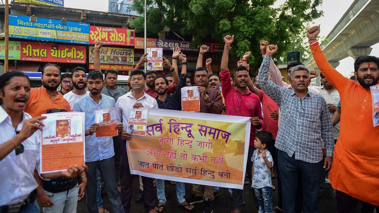 Activists from ‘Sarva Hindu Samaj’ shout slogans during a protest in Ahmedabad on July 3, 2022. Credit: AFP Photo