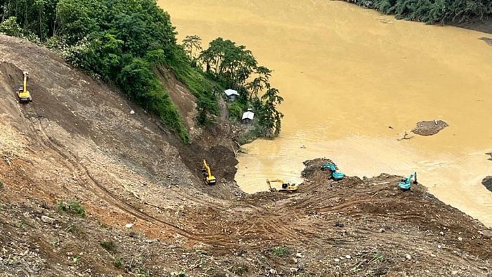 Rescue operation underway for the third consecutive day after a massive landslide hit the Tupul railway construction camp in Noney District of Manipur. Credit: IANS Photo