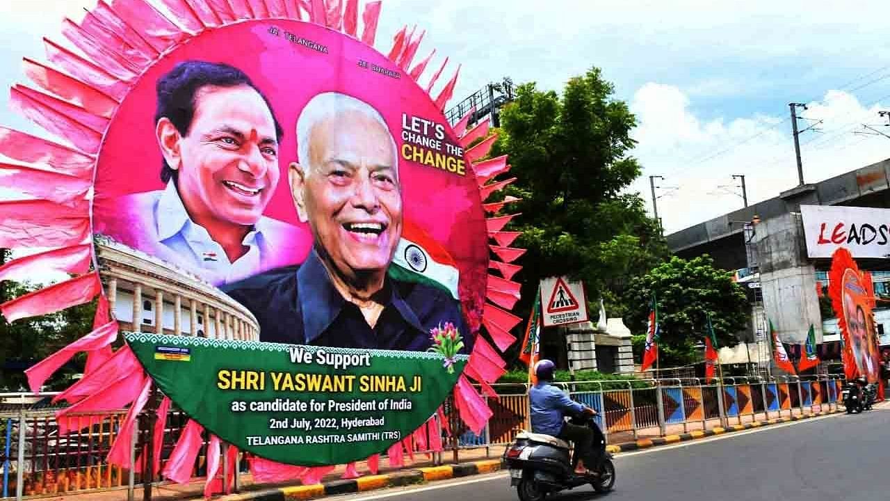 Huge hoardings put on display beside the roads welcoming opposition Presidential Candidate Yashwant Sinha in Hyderabad. Credit: IANS Photo