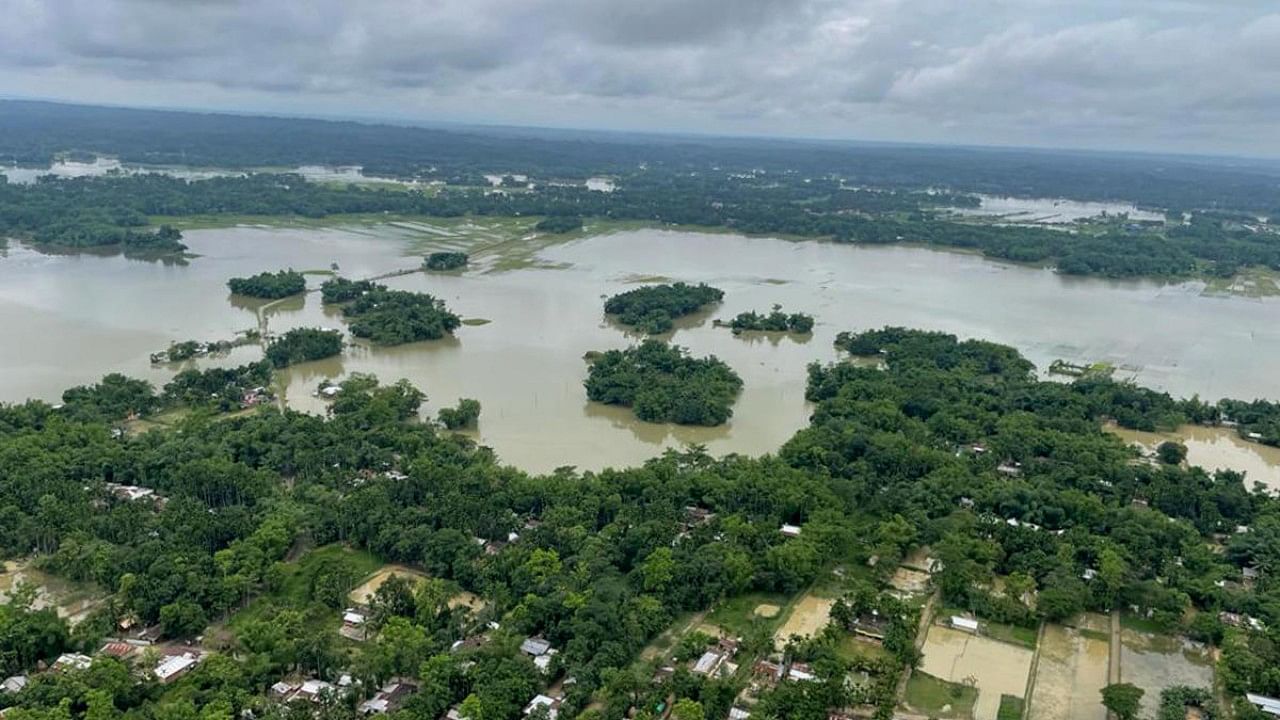 An aerial view of a flood-affected area in the northeast region. Credit: PTI File Photo
