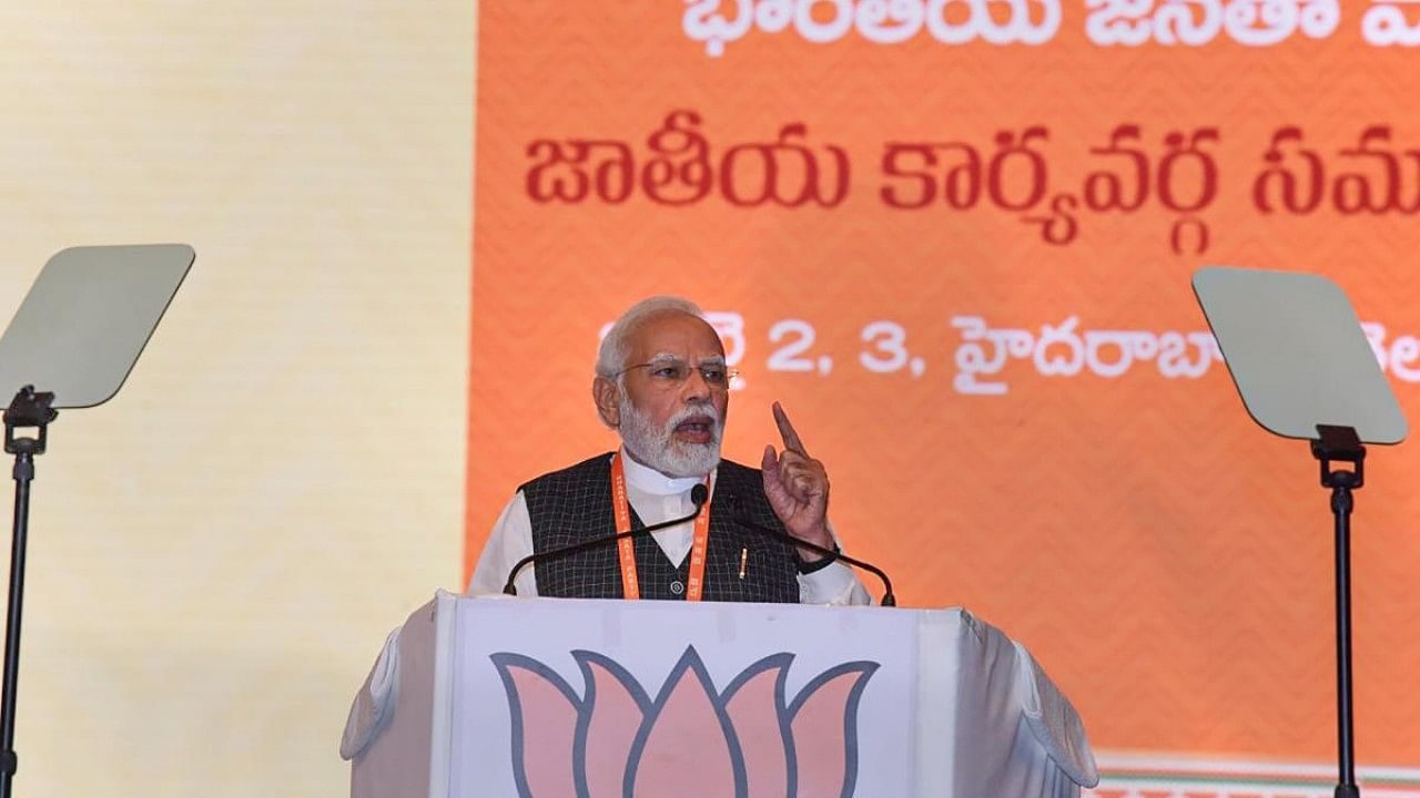 Prime Minister Narendra Modi addresses the concluding session of the BJP's National Executive meeting. Credit: PTI Photo