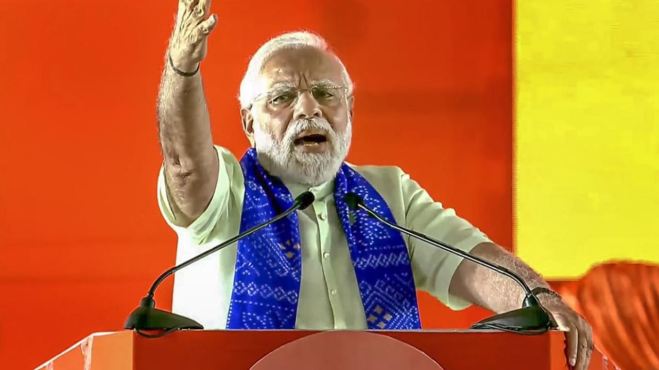Prime Minister Narendra Modi speaks during 'Vijaya Sankalp Sabha' in Hyderabad. Credit: PTI Photo