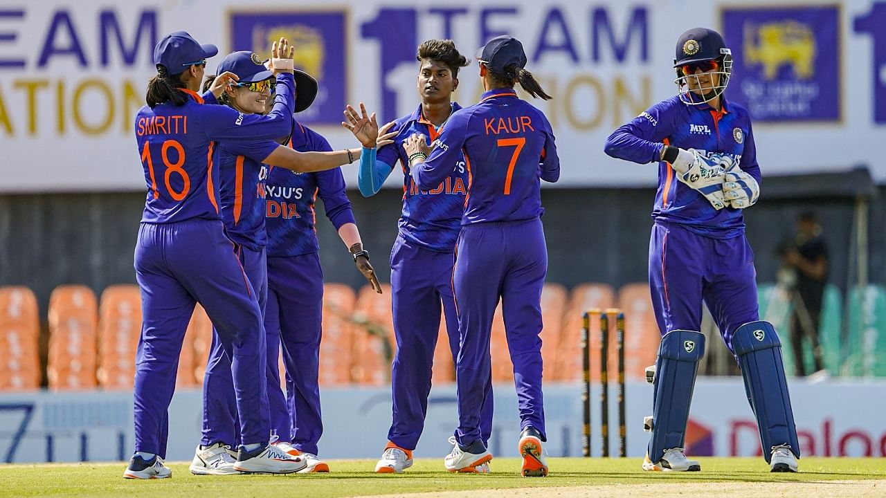 Indian team celebrates a wicket of Sri Lankan batter. Credit: PTI Photo