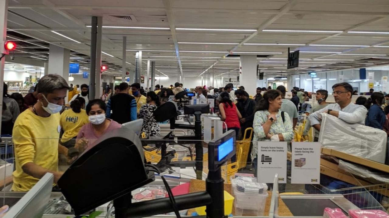 People throng the cash counters at the newly opened IKEA store at Nagasandra. Credit: Special arrangement