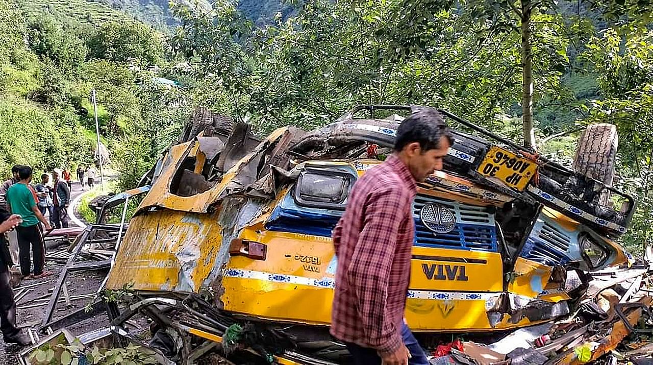 Wreckage of a bus after it fell into a gorge near Jangla village, in Kullu district. Credit: PTI Photo