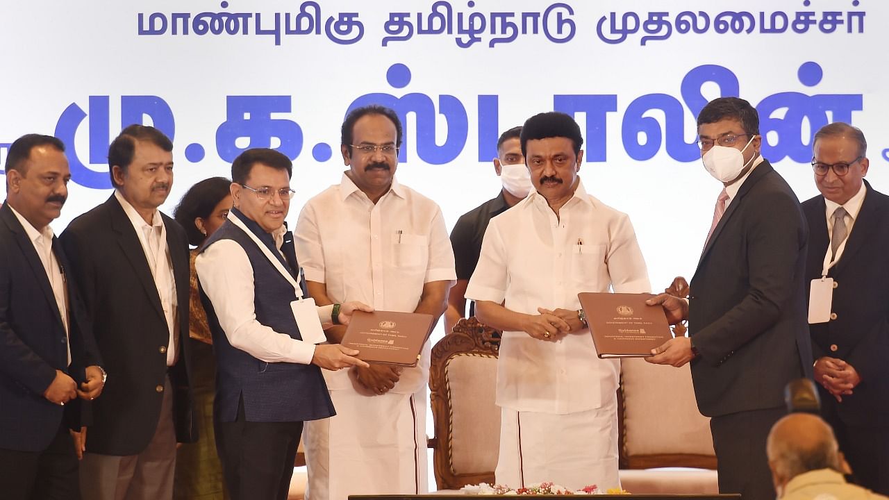 Tamil Nadu Chief Minister MK Stalin along with Tamil Nadu Minister for Department of Industries Thangam Thennarasu and industrialists during the 'Tamil Nadu - Investors' First Port of Call' Investment Conclave 2022, in Chennai. Credit: PTI Photo