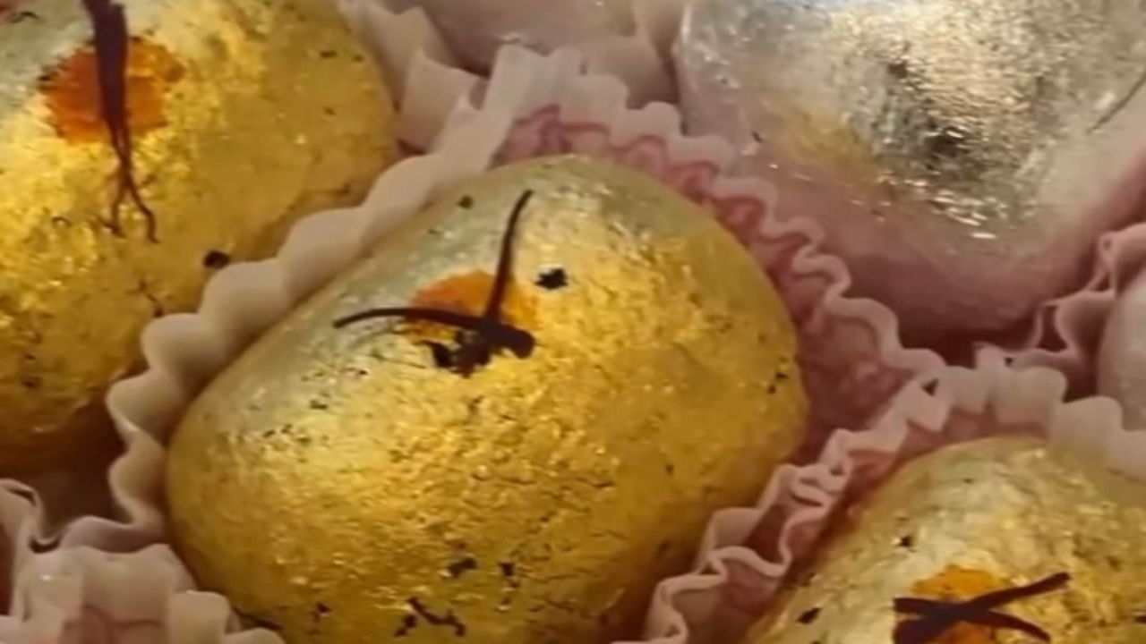 Gold-wrapped pista Kashmiri kesar barfi at Sri Venkateshwara Sweet-Meat Stall, Gandhi Bazaar, Bengaluru. Credit: Vinay Nagaraju