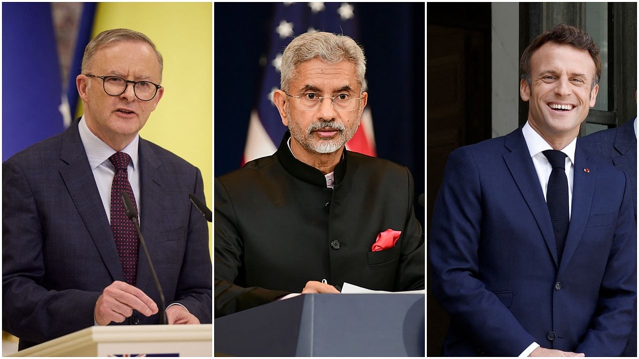 Anthony Albanese, S Jaishankar, Emmanuel Macron. Credit: Reuters/PTI Photos