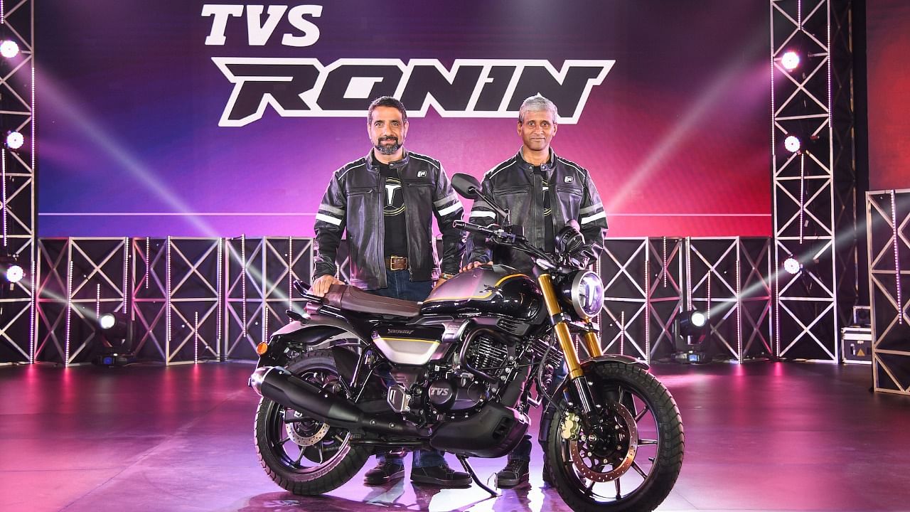 Vimal Sumbly, Head Business - Premium, TVS Motor Company (left) and R Babu, Vice President, R&D, TVS Motor Company at the launch of TVS RONIN. Credit: Special Arrangement
