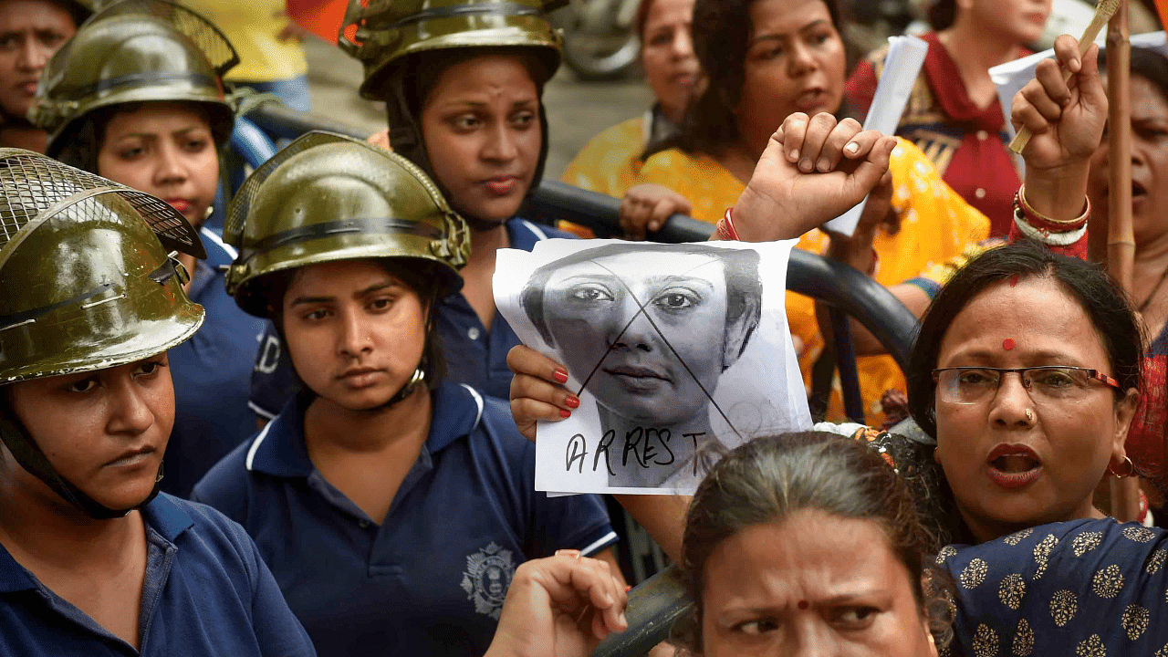 Protest against Mahua Moitra in Kolkata. Credit: PTI Photo