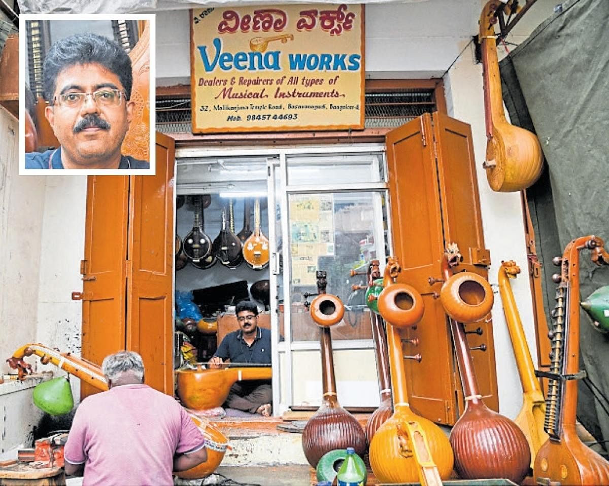 Veena Works in Basavanagudi specialises in repairing veenas and also undertakes work on other string instruments. (Inset) Restoration expert V Raju. DH Photos by B H Shivakumar