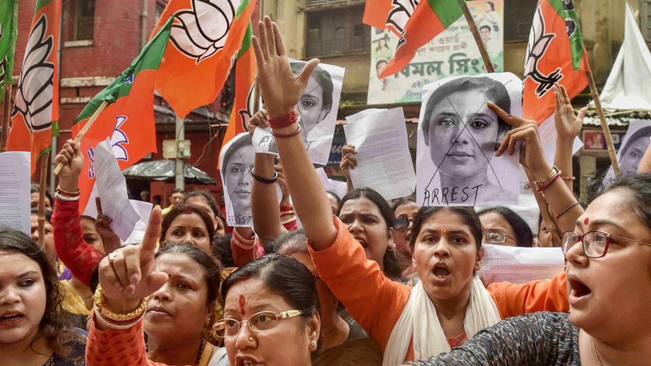 Members of BJP Mahila Morcha stage a protest demonstration in front of Bowbazar Police Station demanding immediate arrest of TMC MP Mahua Moitra for her remarks on Goddess Kali, in Kolkata, Wednesday, July 6, 2022. Credit: PTI Photo