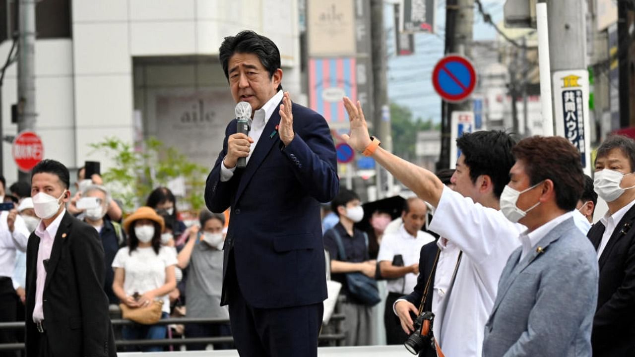 Former Japanese Prime Minister Shinzo Abe makes a speech before he was shot from behind by a man in Nara. Credit: Reuters Photo