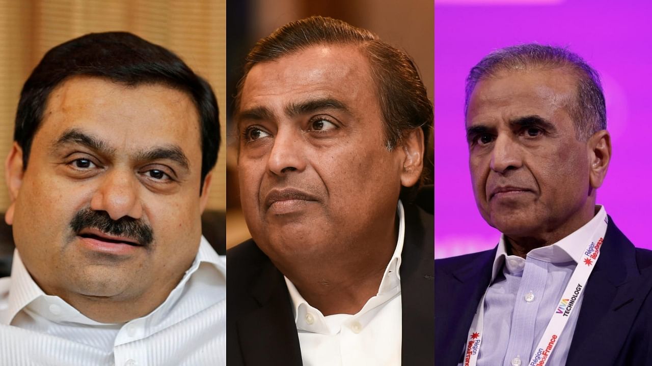 Gautam Adani, Mukesh Ambani, and Sunil Bharti Mittal. Credit: Reuters/PTI