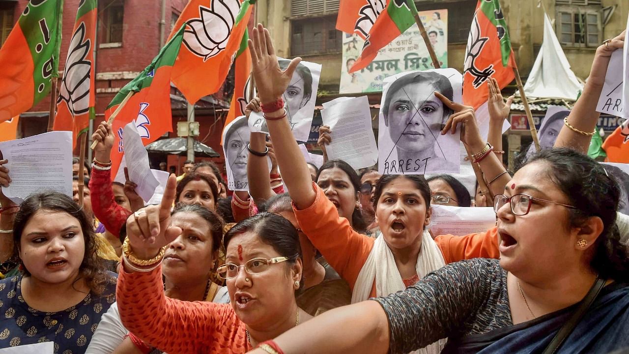 Members of BJP Mahila Morcha stage a protest demonstration in front of Bowbazar Police Station demanding immediate arrest of TMC MP Mahua Moitra for her remarks on Goddess Kali. Credit: PTI Photo