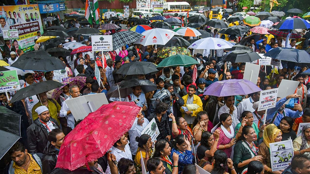 Congress workers stage a protest against Metro car shed project at Aarey forest, in Mumbai. Credit: PTI Photo