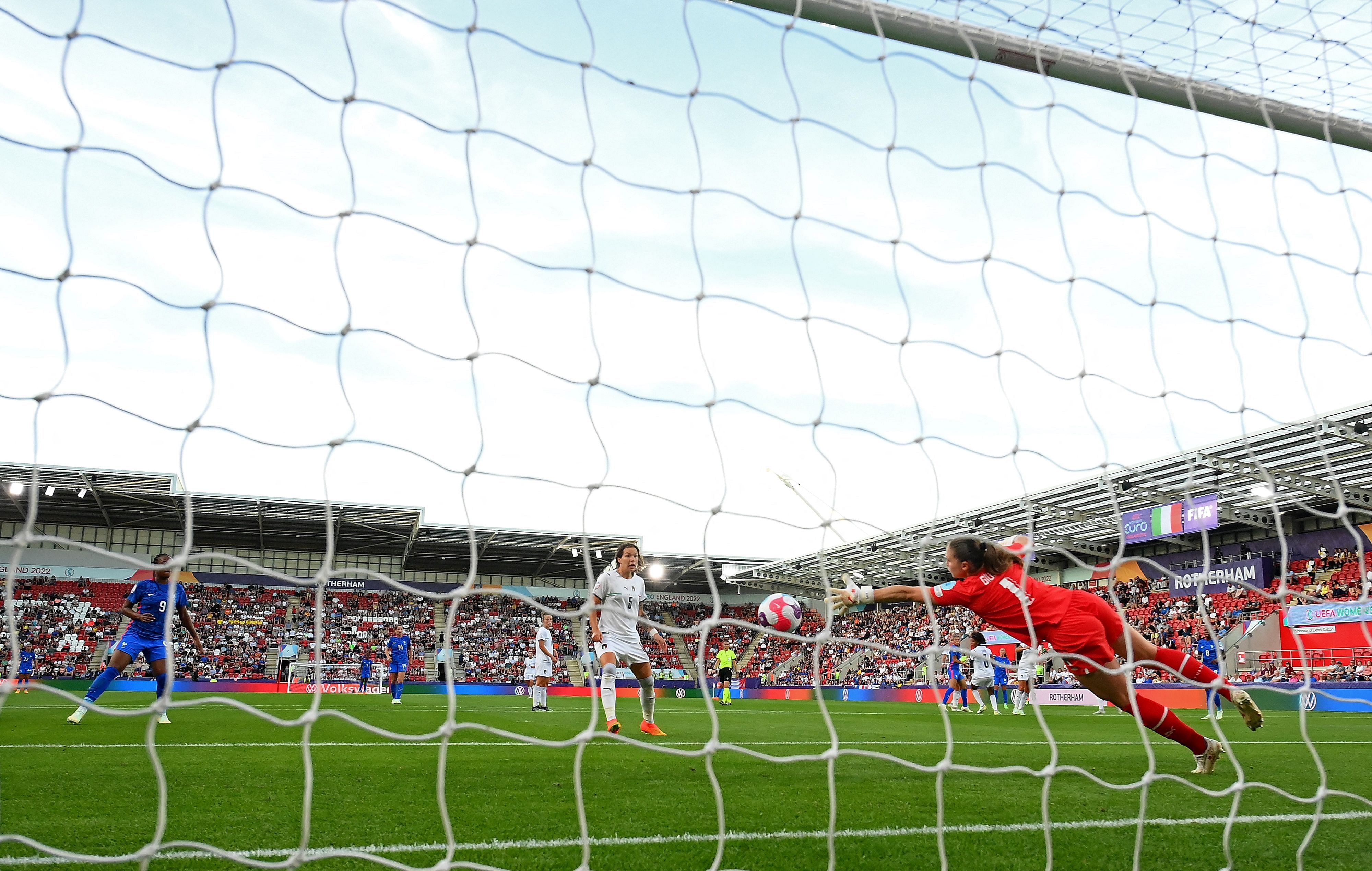 Italy's goalkeeper Laura Giuliani concedes a goal from France's striker Delphine Cascarino. Credit: AFP Photo