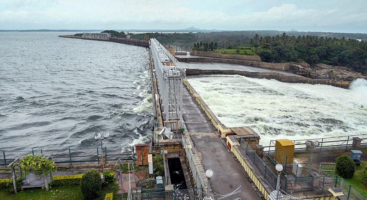 Over 26,000 cusec of water was discharged downstream Kaveri from Krishnaraja Sagar dam on Sunday. Credit: PTI Photo