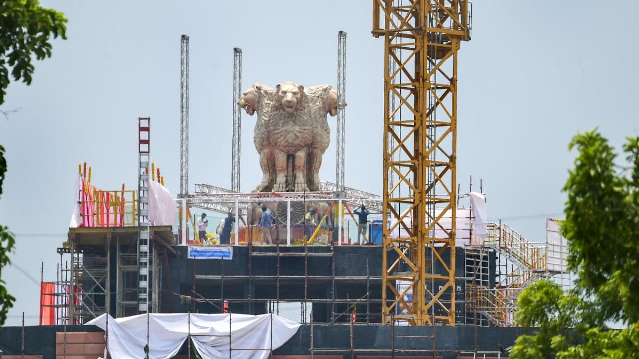 National Emblem on new Parliament House building. Credit: PTI Photo