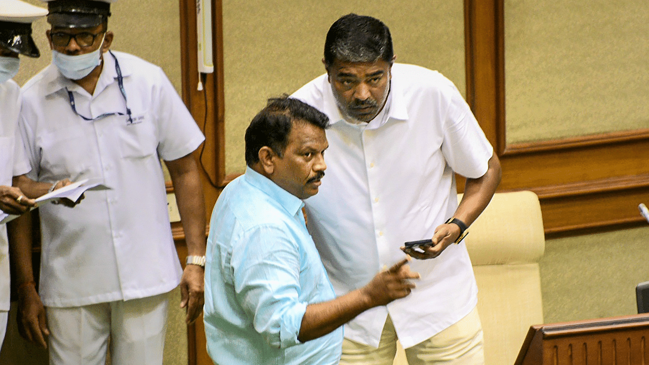 Congress MLAs Michael Lobo and Sankalp Amonkar during the first day of the Monsoon Session of the Goa Assembly. Credit: PTI Photo