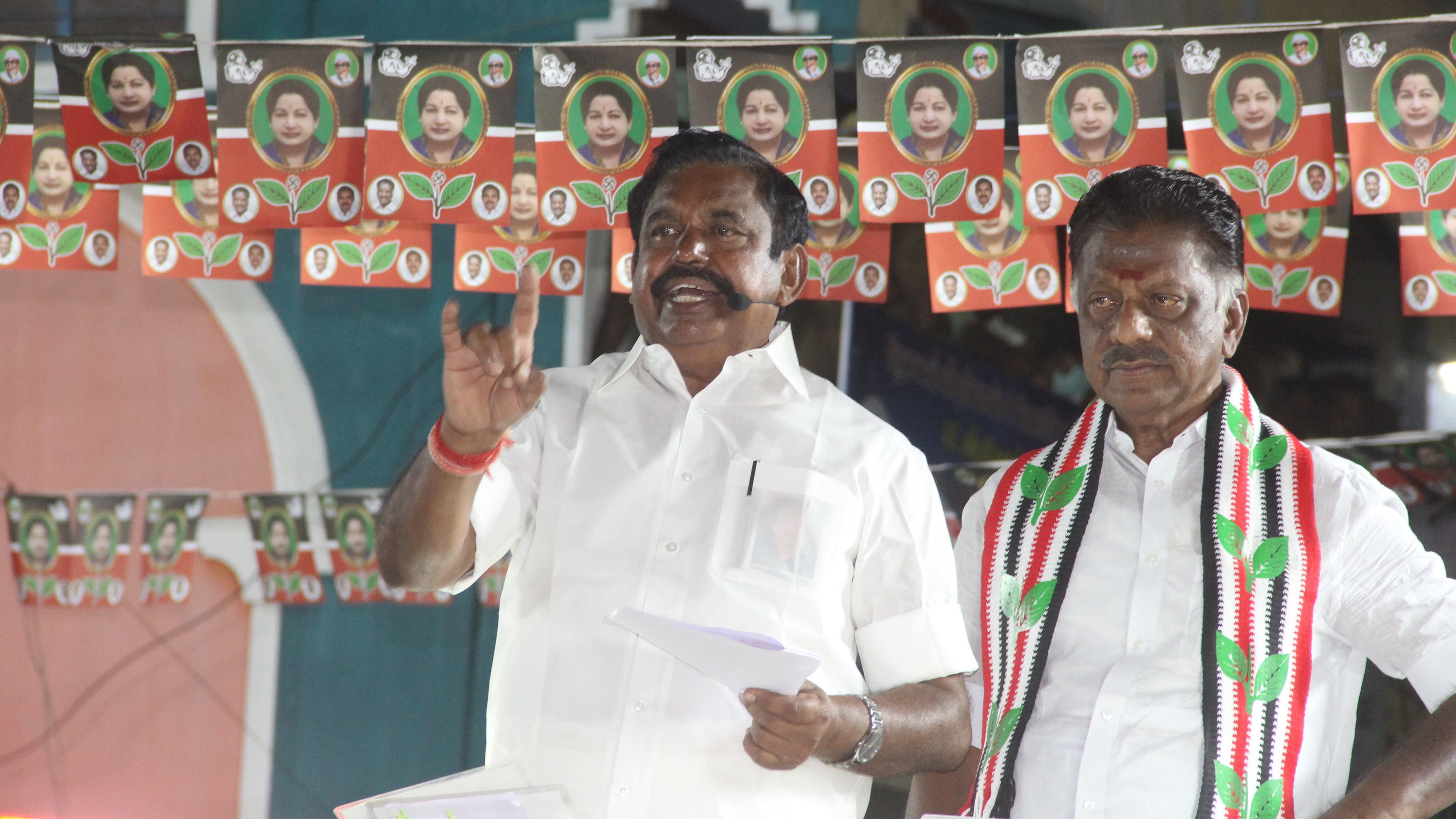 Tamil Nadu Ex-Chief Minister Edappadi K. Palaniswami addresses an election campaign in support of party's Bodi assembly constituency candidate and then Deputy Chief Minister O. Panneerselvam, in Theni District. Credit: PTI File Photo