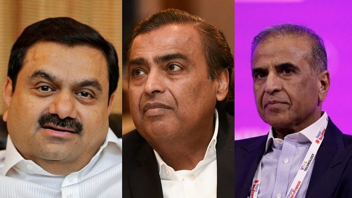 Gautam Adani, Mukesh Ambani, and Sunil Bharti Mittal. Credit: Reuters and PTI File Photo