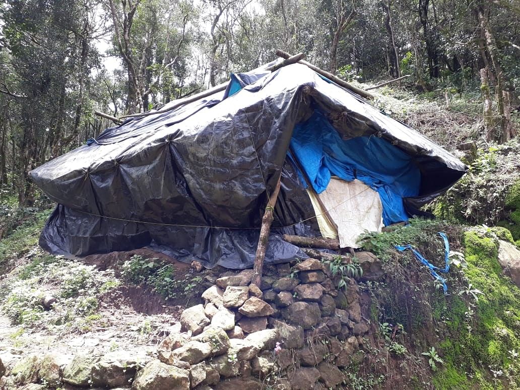 Photo of a hut of a tribal family, tweeted by Vinay Sreenivasa, an activist. Credit: Twitter/ @vinaysreeni