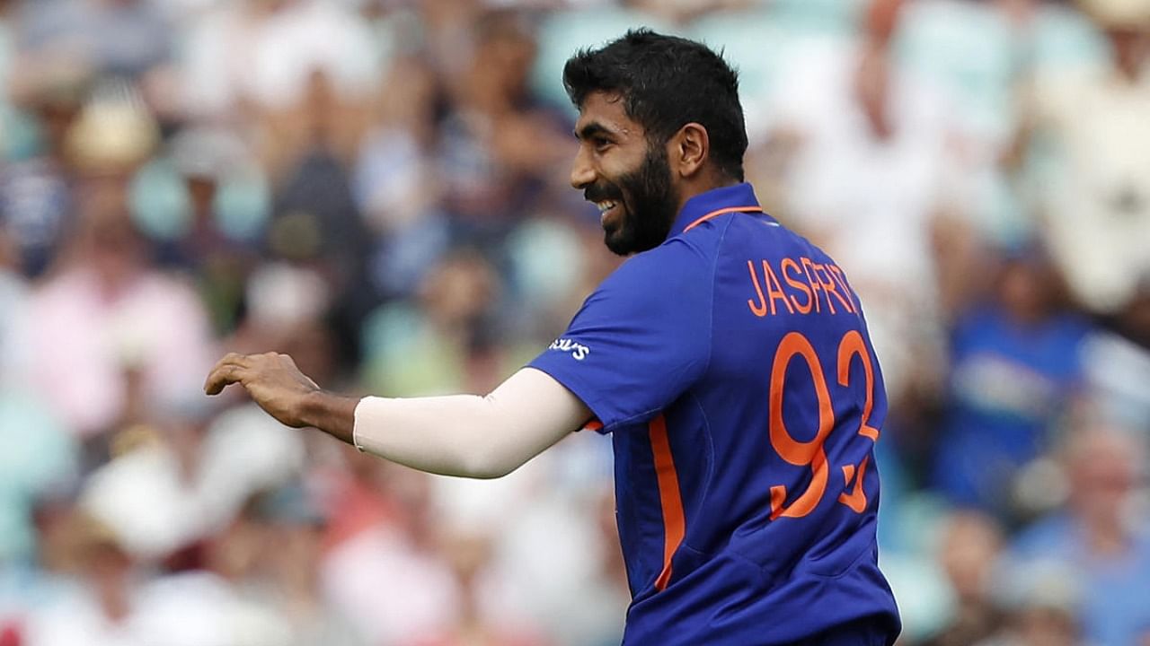 India's Jasprit Bumrah celebrates the wicket of England's Liam Livingstone during the Royal London x ACE One Day International (ODI) cricket match between England and India at The Oval in London on July 12, 2022. Credit: AFP Photo