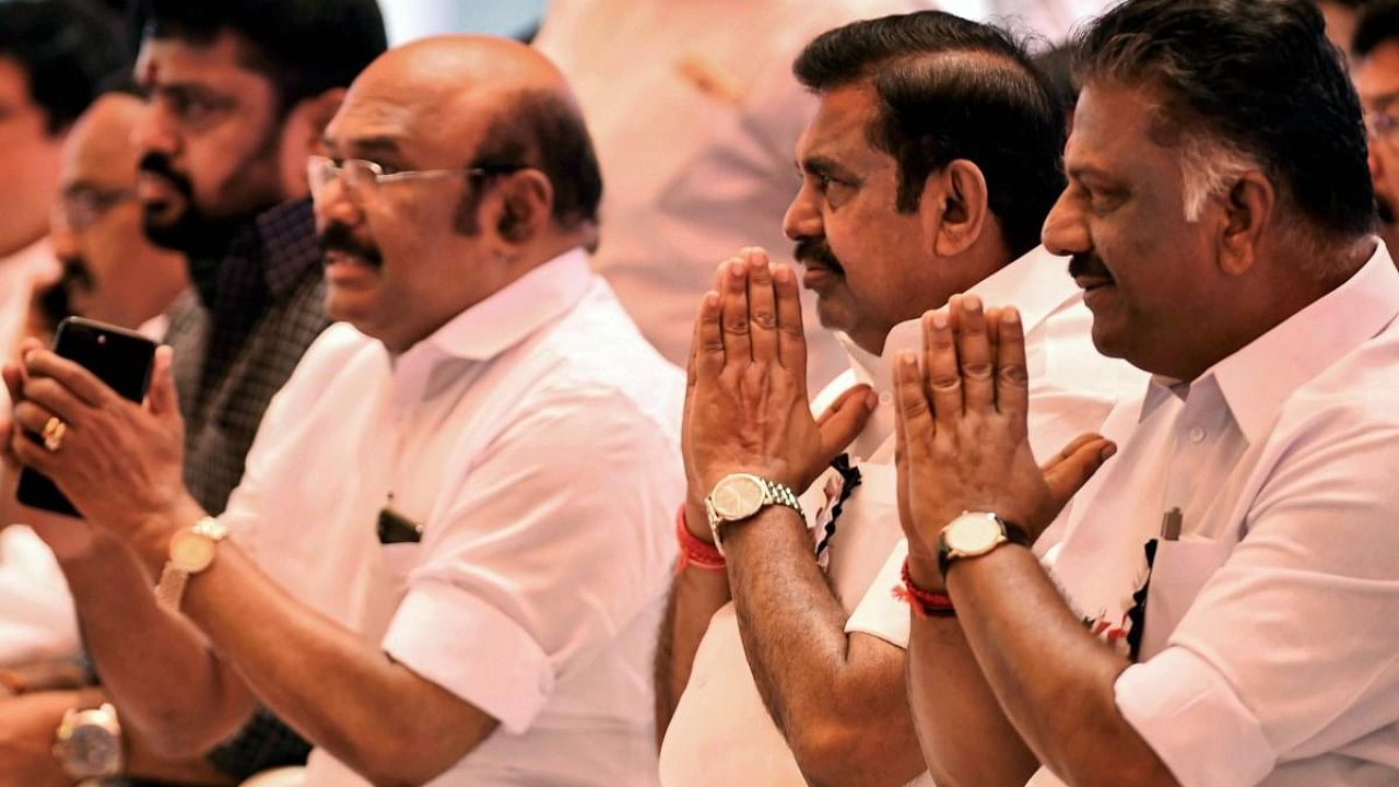 Tamil Nadu Chief Minister Edapadi K. Palaniswami, Deputy Chief Minister O. Paneerselvam, Fisheries Minister D. Jayakumar and others during the AIADMK’s day-long fast on the Cauvery issue in Chennai. Credit:PTI