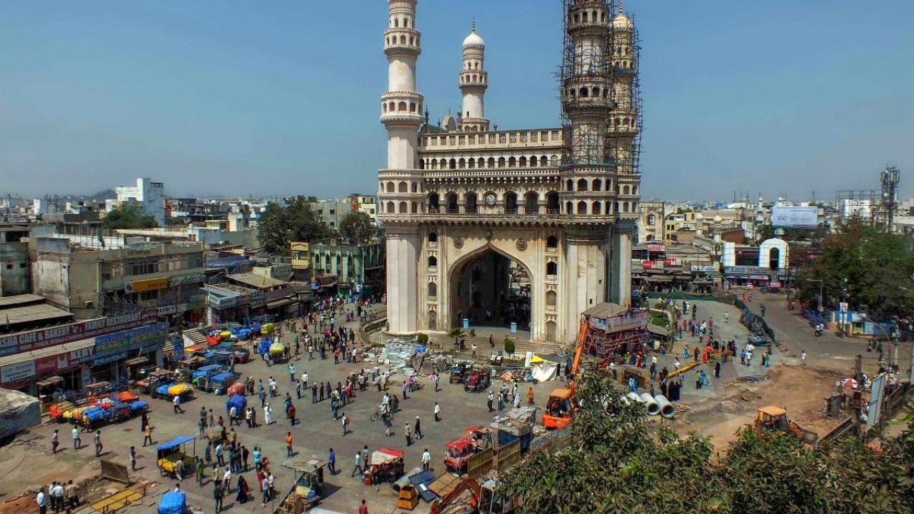 Hyderabad: A view of the historic Charminar monument in Hyderabad on Tuesday. The surroundings of Charminar have been cleared from fruit sellers and other vendors for the Charminar Pedestrian Project (CPP). Credit: PTI Photo