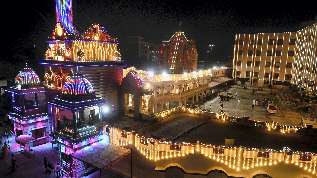 Lord Jagannath temple illuminated with lights ahead of the annual 'Rath Yatra' festival, in Ahmedabad. Credit: PTI Photo