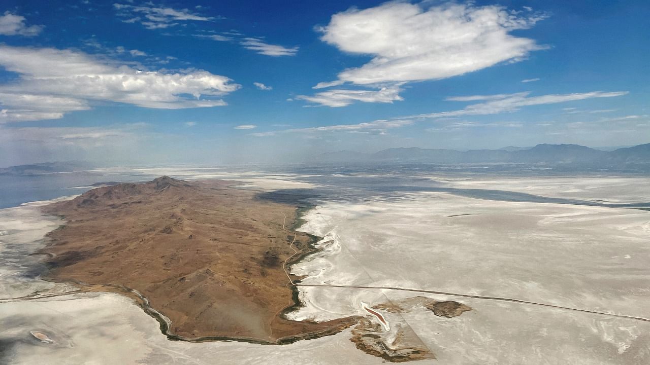 Dry land surrounds Antelope Island where there used to be water in the Great Salt Lake, in Salt Lake City, Utah. Credit: Reuters photo