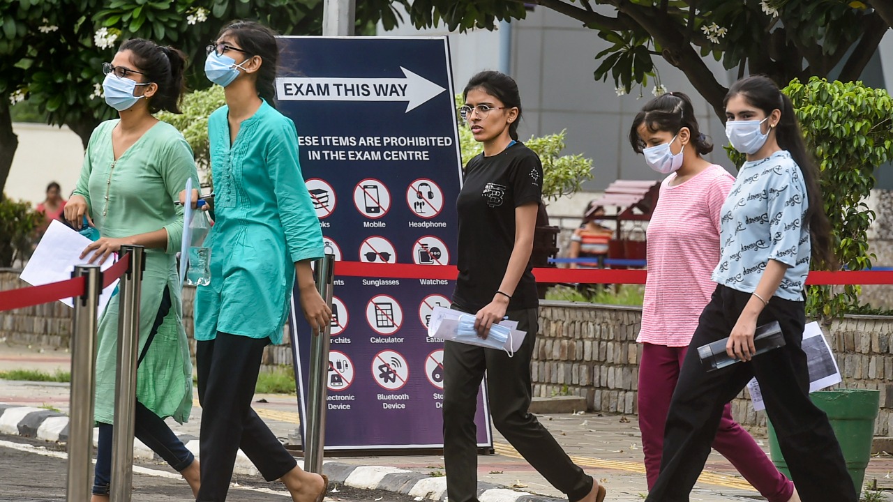 Students come out after appearing for the Common University Entrance Test-Undergraduate (CUET UG 2022), in the first slot, at North Campus in New Delhi. Credit: PTI Photo