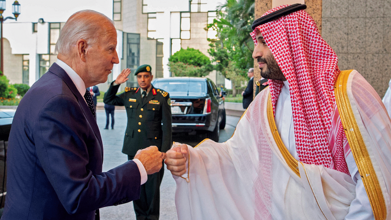 Saudi Crown Prince Mohammed bin Salman (R) bumps fists with US President Joe Biden at Al-Salam Palace in the Red Sea port of Jeddah. Credit: AFP Photo