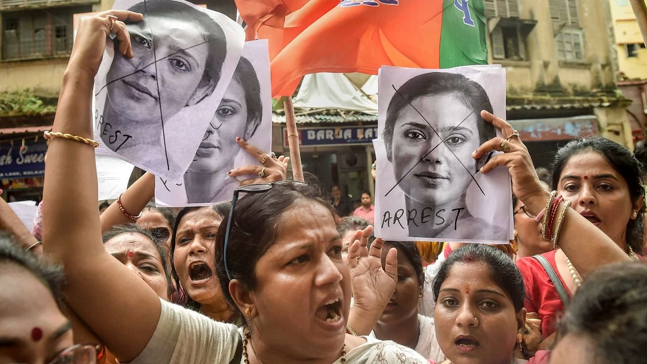 Members of BJP Mahila Morcha stage a protest demonstration in front of Bowbazar Police Station demanding immediate arrest of TMC MP Mahua Moitra for her remarks on Goddess Kali, in Kolkata. Credit: PTI Photo