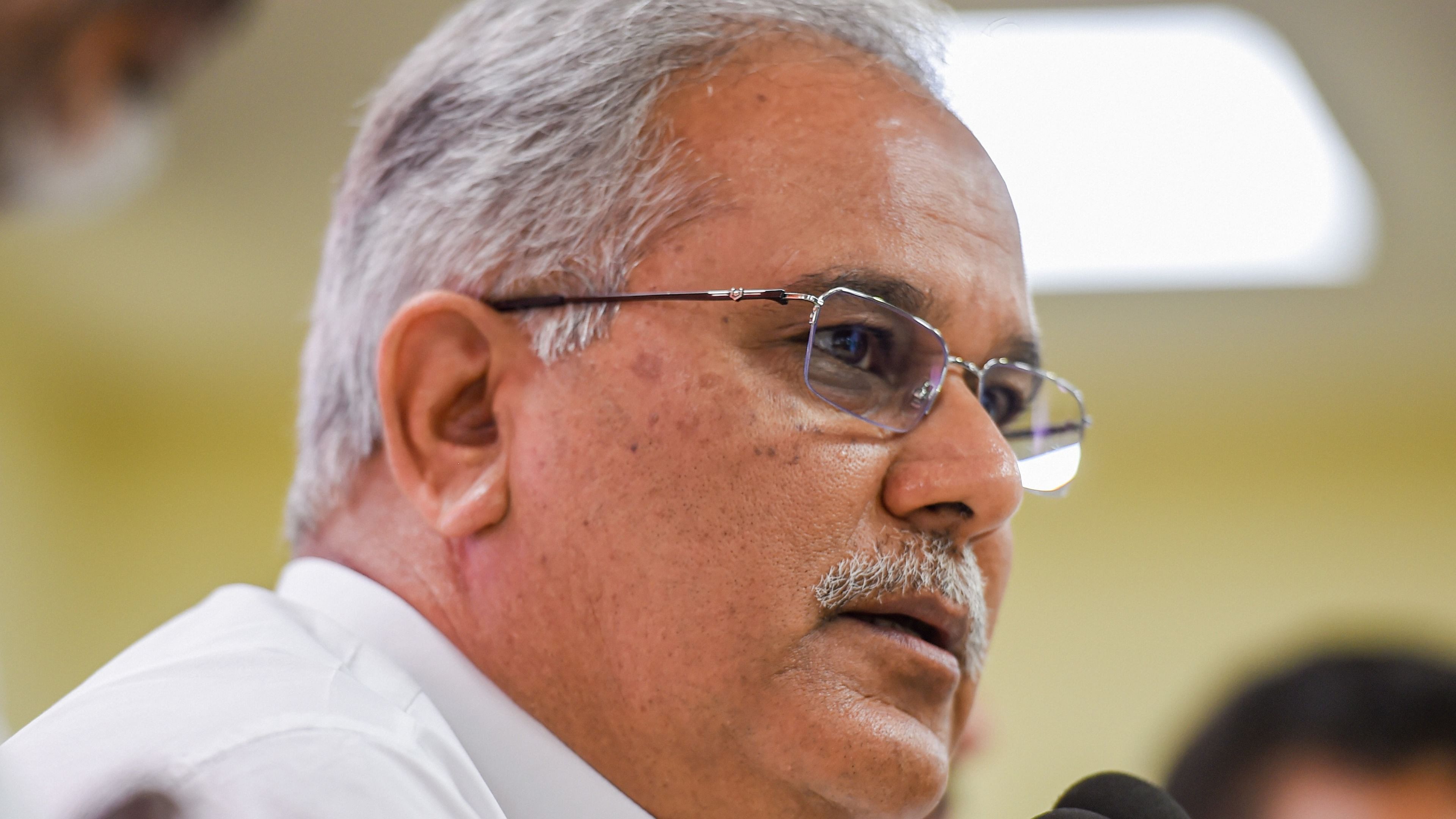 Chhattisgarh CM Bhupesh Baghel speaks during a press conference in New Delhi. Credit: PTI File Photo