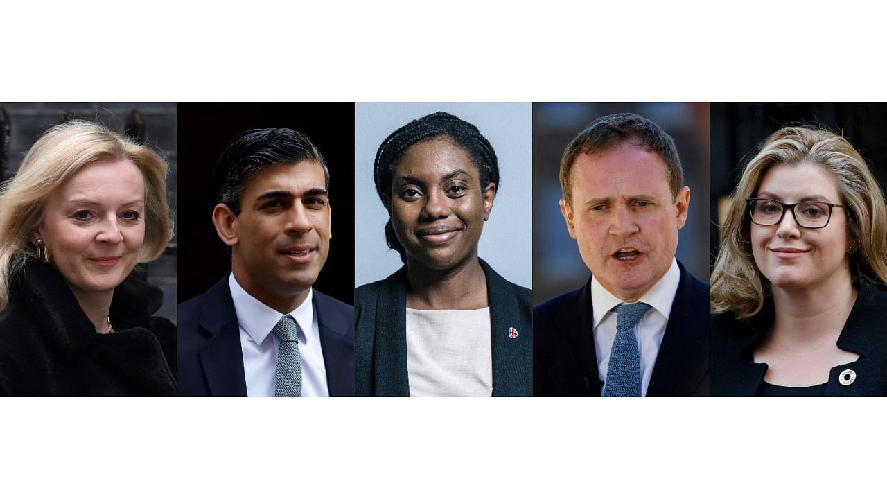 The five candidates in the run to replace Boris Johnson as Conservative leader and Britain's prime minister. From left, Foreign Secretary Liz Truss, Chancellor of the Exchequer Rishi Sunak, Conservative MP for Saffron Walden, Olukemi Badenoch, Conservative politician Tom Tugendhat and Britain's International Development Secretary and Minister for Women and Equalities Penny Mordaunt. Credit: AFP File Photo