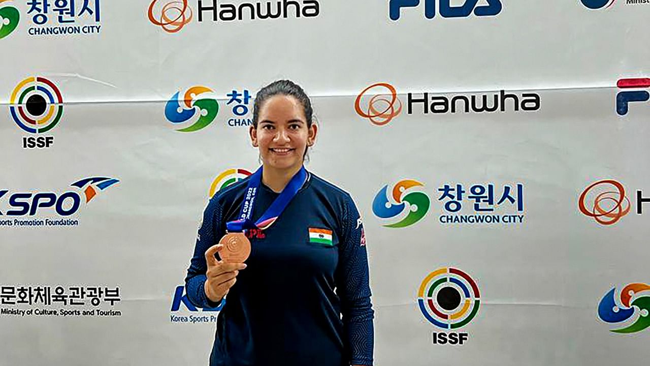 Indian shooter Anjum Moudgil poses with her medal after winning the bronze medal in Women’s 50m Rifle 3 Postions event, at the International Shooting Sport Federation (ISSF) World Cup 2022, in Changwon. Credit: PTI Photo